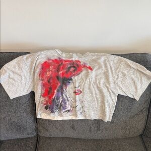 Gray Graphic Crop Top with Red and Purple Design